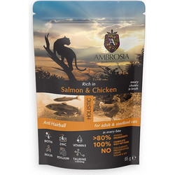 Ambrosia Holistic Adult Sterilised Anti-Hairball Grain Free with Chicken & Salmon in Broth 85gr