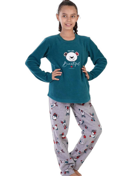 Vienetta Secret Bunny Bear Cozy Dreams Παιδική Πιτζάμα Fleece Χειμωνιάτικη Πετρόλ Γκρι 305004