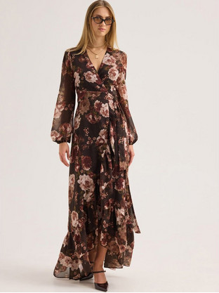 Enzzo Elizabeta Maxi Φόρεμα για Γάμο / Βάπτιση Floral Σοκολατί 262054