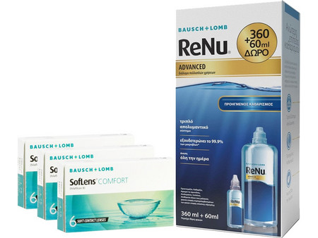 Bausch & Lomb Soflens Comfort Μηνιαίοι Φακοί Επαφής Υδρογέλης 12τμχ + 2 Υγρά ReNu Advanced 360ml+60ml
