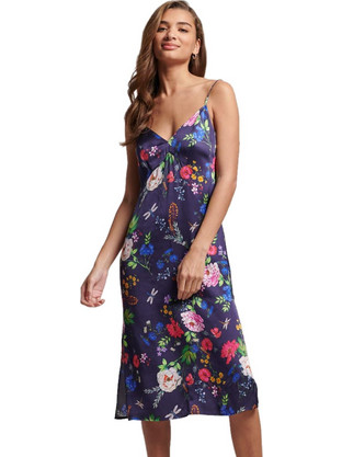 Superdry Satin Cami Midi Καλοκαιρινό Φόρεμα για Γάμο / Βάπτιση Floral Σατέν Navy Μπλε W8011421A-9VX