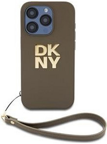 DKNY PU Leather Stack Logo Wrist Strap Case for iPhone 14 Pro Max Green
