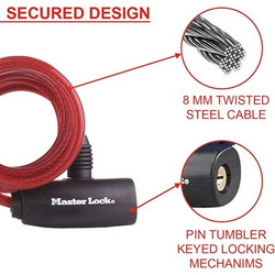 Κλειδαριά Masterlock ποδηλάτου συρματόσχοινο 180cm - Κόκκινη - 8127EURDPRO