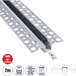 PLASTERBOARD-PROFILE 70839-2M Προφίλ Αλουμινίου - Βάση & Ψύκτρα Ταινίας LED με Μαύρο Φιμέ Κάλυμμα - Χωνευτή Χρήση σε Γυψοσανίδα - Trimless - Πατητό Κάλυμμα - Ασημί - 2 Μέτρα - Πακέτο 5 Τεμαχίων - Μ200