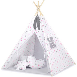 MINI Set: Teepees tent+play mat + decorative feathers- Grey-pink stars/grey