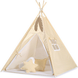 Παιδική Σκηνή - Teepee + Χαλάκι + Μαξιλάρια + Διακοσμητικά Φτερά - White dots on beige