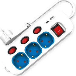 ROLINE Power Strip 3-way with individual on/off switches 1x USB A 1x USB C 1.5m