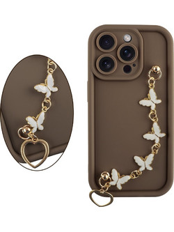 Volte-Tel Θηκη Iphone 15 Pro 6.1'' Silicon Tpu With Strap Full Camera Protection Brown With White BUTTERFLIES