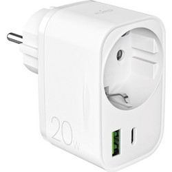Puro 20W Power Delivery Charger with Schuko Plug and Socket 1x USB-C + 1x USB-A - White