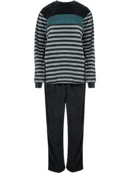 Πυτζάμες Ανδρικές Χειμερινές Fleece Ριγέ Μπλούζα Μαύρο Παντελόνι