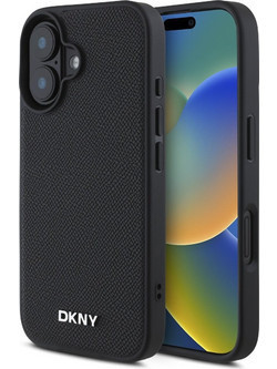DKNY PU Leather Silver Metal Logo Magsafe Case for iPhone 16 Plus Black - (DKHMP16MPGHLMK)