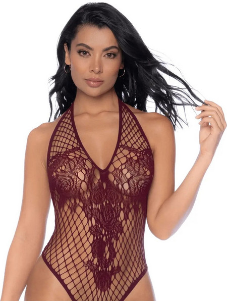 Mapale- Cherry-Colored Mesh Bodysuit- MAL1115CHRY