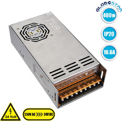 GLOBOSTAR(R) LUMIVOLT 73046 Τροφοδοτικό/Μετασχηματιστής PELV 400W 16.6A DC 24V IP20 - AC 220-240V σε DC 24V / Ρυθμιζόμενo από DC 22.5V έως DC 25.5V - Μ20 x Π10 x Υ5cm