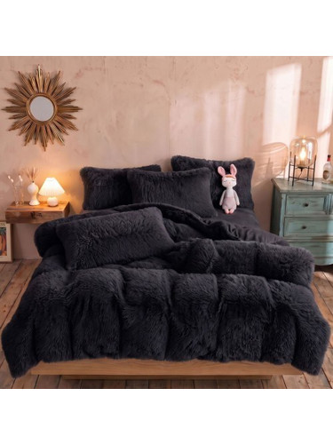 Σετ Κουβερτοπάπλωμα Shaggy Sherpa Μαύρο 220x240 cm με 2 Μαξιλαροθήκες 50x70 cm SHA004