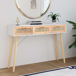 vidaXL Τραπέζι Κονσόλα 105x30x75 εκ. Μασίφ Πεύκο & Φυσικό Ρατάν - Λευκό