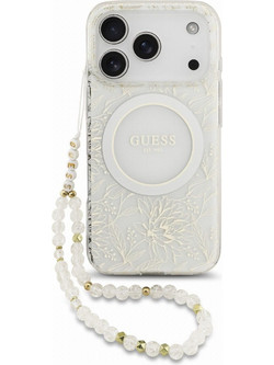 Guess IML Flowers Electroplated με Pearl Strap MagSafe Θήκη iPhone 18 Pro / 17 Pro White (GUHMP18LHCPOFPH)