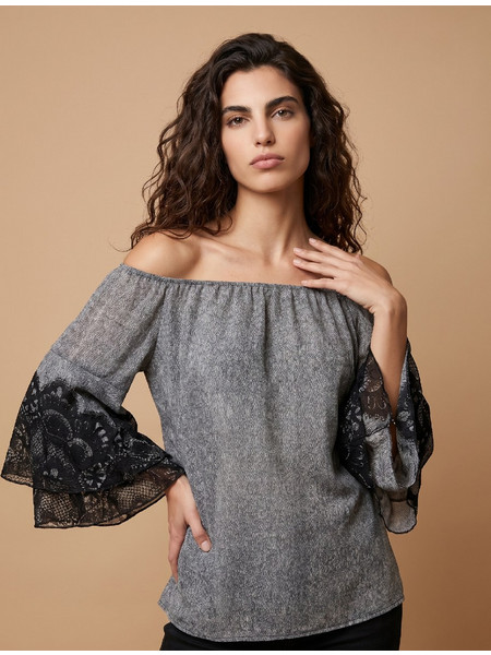 DEJAVU Γκρι Μπλούζα Off Shoulder Με Δαντέλα