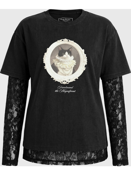 Μπλούζα acid wash με στάμπα και δαντέλα FBL014-109-04_BLACK