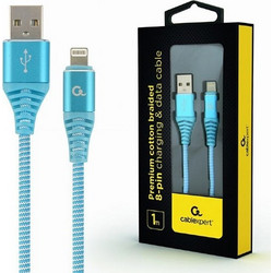 Cablexpert Premium Cotton Braided USB-A to Lightning Cable 1m Light Blue CC-USB2B-AMLM-1M-VW