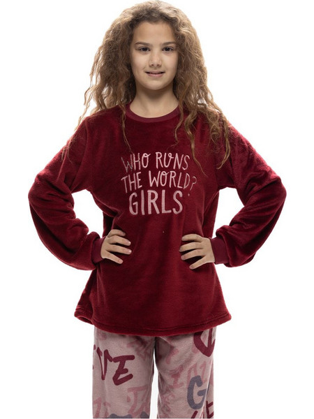 Galaxy Who Runs The World Παιδική Πιτζάμα Fleece Χειμωνιάτικη Μπορντό Ροζ 119-24