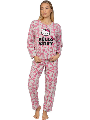 Sexen Hello Kitty Σετ Γυναικείες Πιτζάμες Χειμωνιάτικες Βαμβακερές Ροζ Γκρι HK209-A