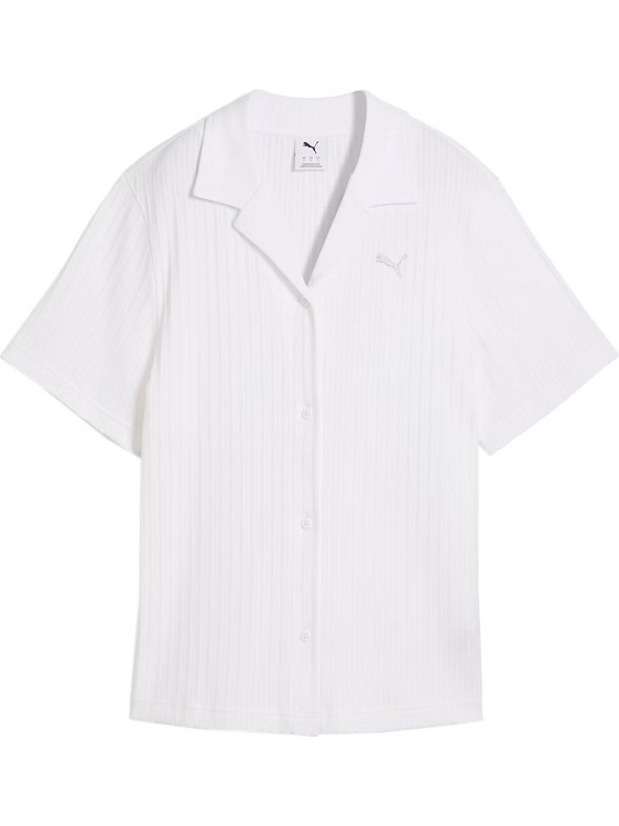 Puma Wardrobe Ess Κοντομάνικο Γυναικείο Πουκάμισο Βαμβακερό Ριγέ Λευκό 629763-02