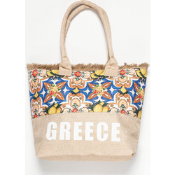Silk Fashion Greece Ψάθινη Τσάντα Θαλάσσης Ώμου Μπεζ Μπλε 49x34cm 5206978164828