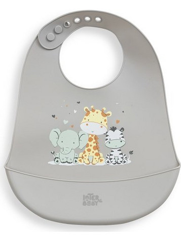 Interbaby Tres Amigos Αδιάβροχη Σαλιάρα Σιλικόνης με Κουμπί & Τσέπη Γκρι