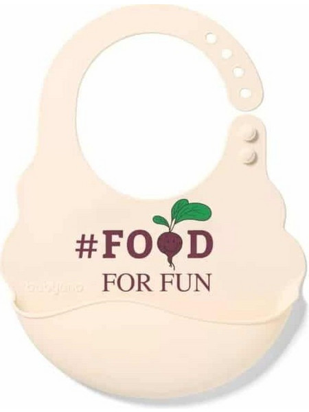 BabyOno Food for Fun Αδιάβροχη Σαλιάρα Σιλικόνης με Κουμπί & Τσέπη 6m+ Μπεζ