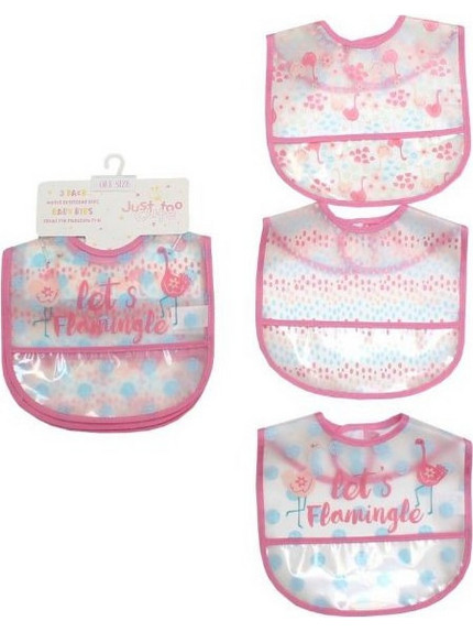 Nursery Time Flamingo Σετ Αδιάβροχες Σαλιάρες Πλαστικές με Αυτοκόλλητο & Τσέπη Ροζ 3τμχ