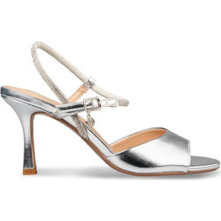 Envie Shoes Γυναικεία Πέδιλα Δερμάτινα Ασημί με Λεπτό Ψηλό Τακούνι και Στρας E83-23053-21