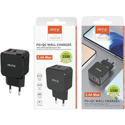 MTK TA0338 Φορτιστής χωρίς Καλώδιο με Θύρα USB-A & Θύρα USB-C 35W Quick Charge 3.0 & Power Delivery Black