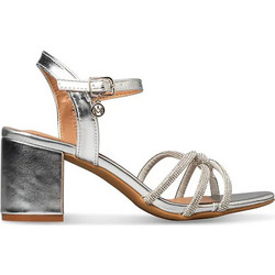 Envie Shoes Γυναικεία Πέδιλα Δερμάτινα Ασημί με Χοντρό Χαμηλό Τακούνι και Στρας E37-23182
