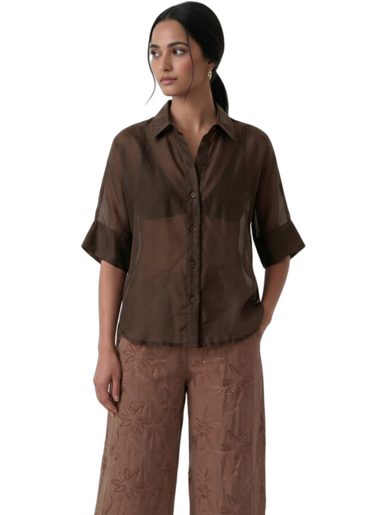 Helmi Κοντομάνικο Γυναικείο Πουκάμισο Μεταξωτό Mονόχρωμο Σοκολατί 58-02-032