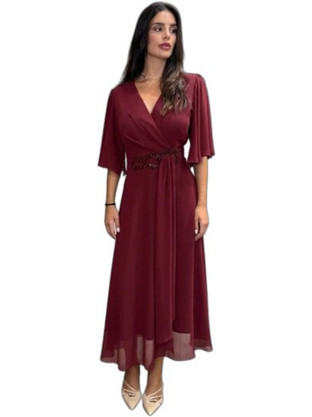 Fibes Fashion Midi Καλοκαιρινό Φόρεμα για Γάμο / Βάπτιση Κρουαζέ Μπορντό 05-9529