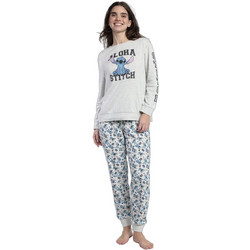 Admas Aloha Stitch Σετ Γυναικείες Πιτζάμες Χειμωνιάτικες Βαμβακερές Γκρι 63664