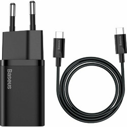 Baseus Super Si 1C Φορτιστής με Καλώδιο USB-C με Θύρα USB-C 25W Power Delivery Black