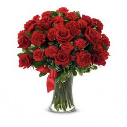 Μπουκέτο με Κόκκινα Τριανταφυλλα κι κόκκινα Γαρυφαλλα