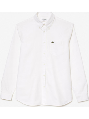 Lacoste Ανδρικό Πουκάμισο Βαμβακερό Μακρυμάνικο Κανονική Γραμμή Λευκό CH1911-001