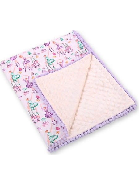 Double-sided blanket minky with pompons - ballerinas lilac