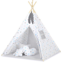 MINI Set: Teepees tent+play mat + decorative feathers- Grey-blau stars/grey