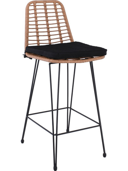 SALSA Σκαμπό BAR-Pro με Πλάτη, Μέταλλο Βαφή Μαύρο - Wicker Φυσικό, με Μαξιλάρι Μαύρο κωδ. 0706-Ε-00025849