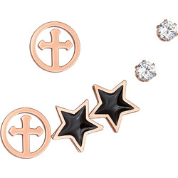 Ghetto 3 SS Earrings Set Cross / Star / ZC Diamond Rose Gold