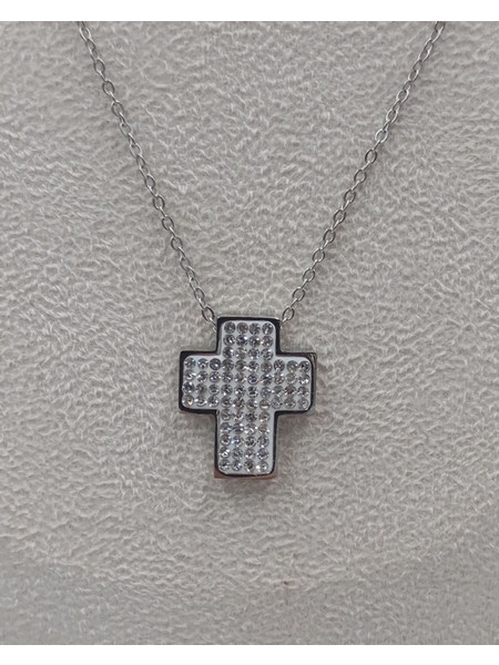Κολιέ ατσάλινο σταυρός με στρασάκια 59133 Silver