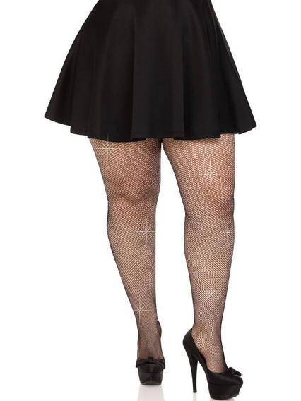 LEG AVENUE - CRYSTALIZED MESH STOCKINGS BLACK PLUS SIZE NEGRO