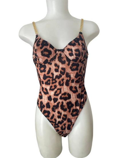 Γυναικείο Κορμάκι String Animal Print με τιράντες Χρυσή Αλυσίδα Καφέ χρώμα Ν2 Καφέ