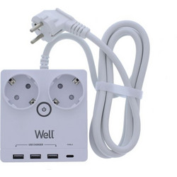 Πολύπριζο Well 2x Schuko και 3x USB A & 1x USB Type-C 2m/3g1.5 με προστασία EXTS-2S2M-PROT/USBC4-WL