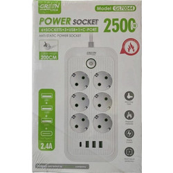Green Lyca GL70044 Πολύπριζο Ασφαλείας 6 Θέσεων με Διακόπτη, 3x USB 1x Type-c και Καλώδιο 200cm σε Λευκό