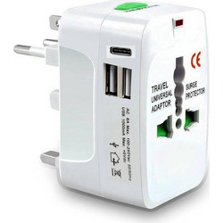 All in One Ταξιδιωτικός αντάπτορας 10A/250V λευκός με 2 θύρες USB και Type-C PD20W 2.4A A-2046