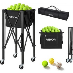 VEVOR Tennis Ball Hopper, Holds 120 Tennis Balls, Foldable Pickleball Basket Cart with Wheels for Easy Pick Up, Lightweight Aluminum Alloy, Portable Pickleball Caddy with Storage Bag, for Training
